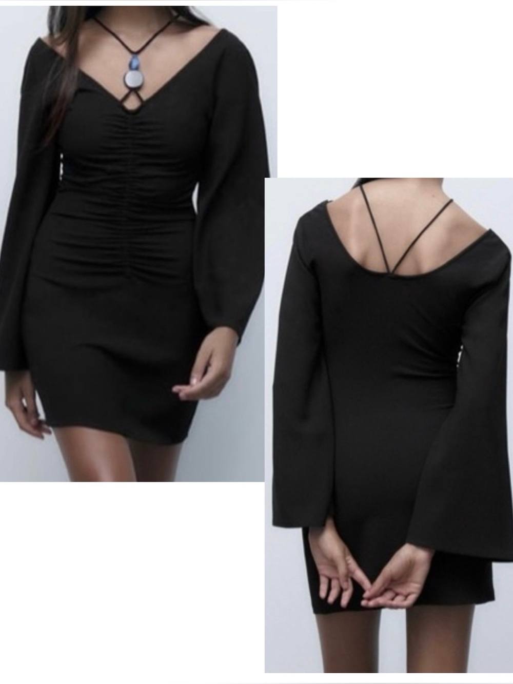 Black Ruched Mini Dress Bell Sleeves Off Shoulder Pendant Detail Y2K Evening S